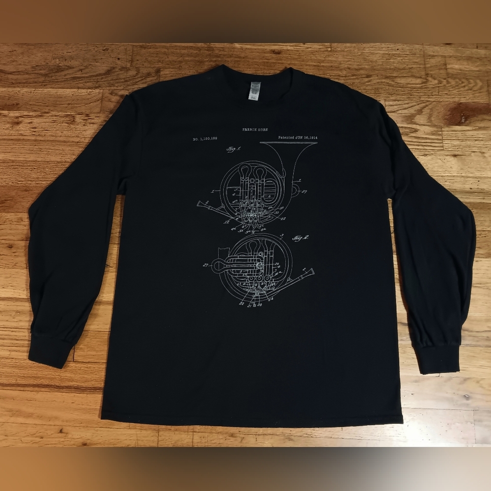 French Horn Patent Blueprint t-shirt long sleeve classical music
